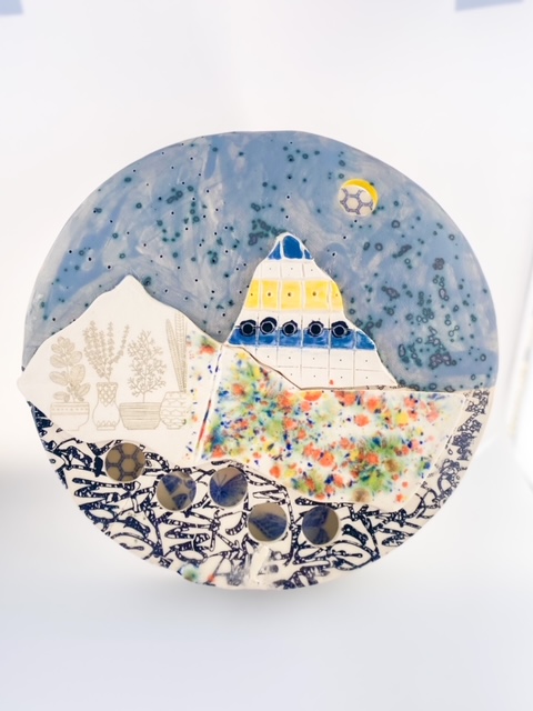 Blue landscape ceramic wall piece